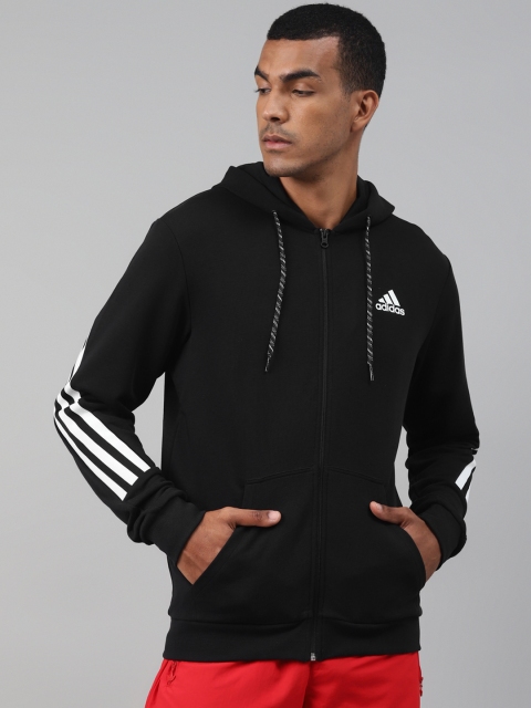 

ADIDAS Men Black Solid Sportswear 3-Striped Tape Full-Zip Hooded Sweatshirt