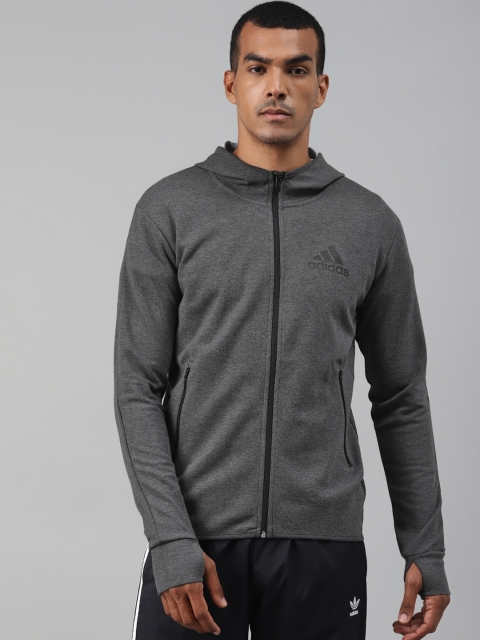 

ADIDAS Men Charcoal Grey Solid Full-Zip Hooded Sweatshirt
