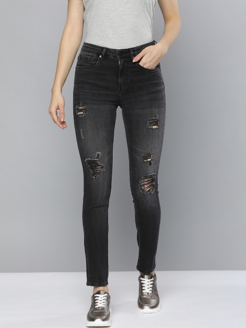 

HERE&NOW Women Black Skinny Fit High-Rise Highly Distressed Stretchable Jeans