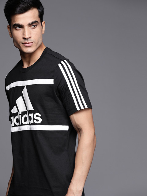 

ADIDAS Men Black White Essentials Logo Colourblocked Pure Cotton T-shirt
