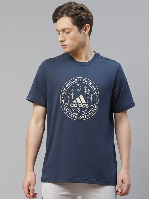 

ADIDAS Men Teal Blue Circle Explore Printed Pure Cotton T-Shirt