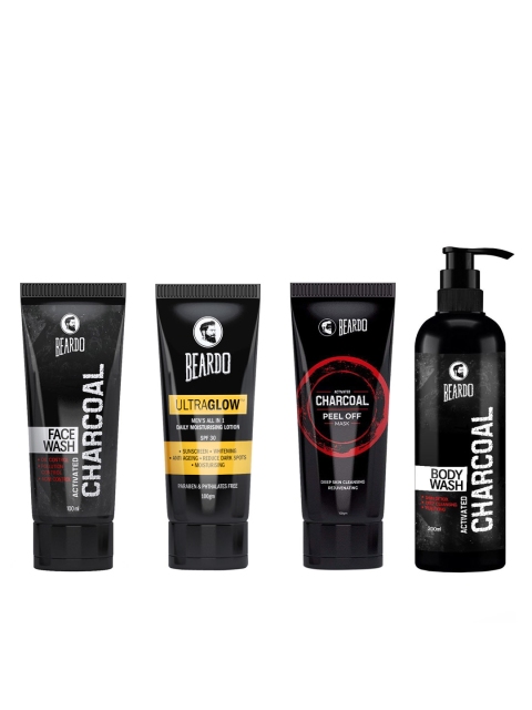 

BEARDO Men Set of Charcoal Face Wash, Moisturising Lotion, Peel Off Mask & Body Wash, Black