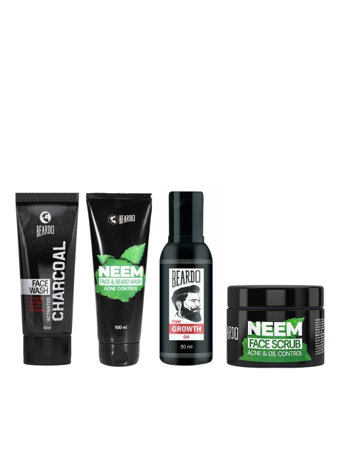 

BEARDO Set of Charcoal Face Wash, Neem Face & Beard Wash, Hair Growth Oil & Face Scrub, Black