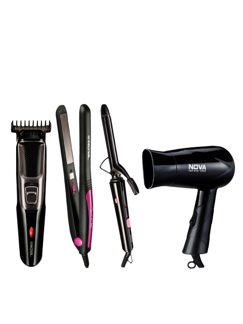 

NOVA Unisex Set of Hair Straightener, Foldable Hair Dryer, Hair Curler & Cordless Trimmer, Black