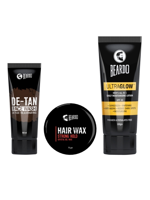 

BEARDO Men Set of De-Tan Face Wash, Ultra Glow Moisturising Lotion & Strong Hair Wax, Black