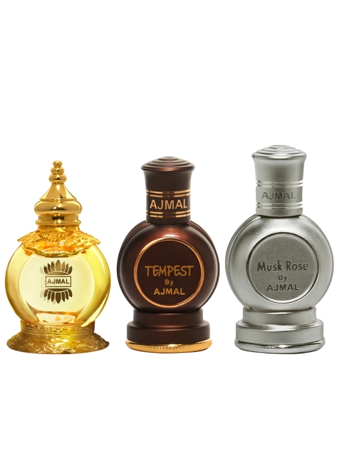 

Ajmal Unisex Set of 3 Perfumes-Tempest, Musk Rose & Mukhallat Al Wafa, Gold