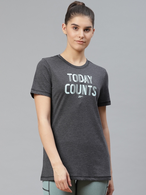 

Reebok Women Charcoal Grey Workout Graphic Printed Training T-Shirt