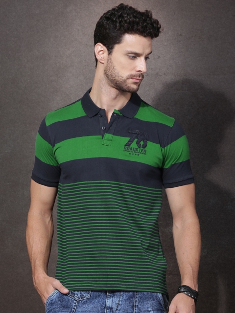 

Roadster Men Navy & Green Striped Polo T-shirt, Navy blue
