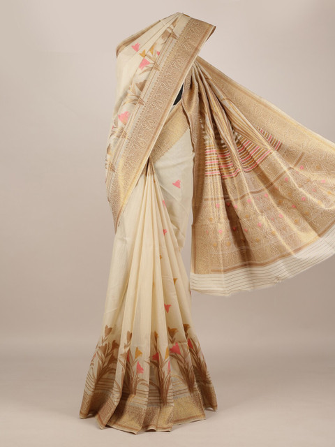 

Pothys Cream-Coloured & Gold-Toned Jute Silk Printed Saree