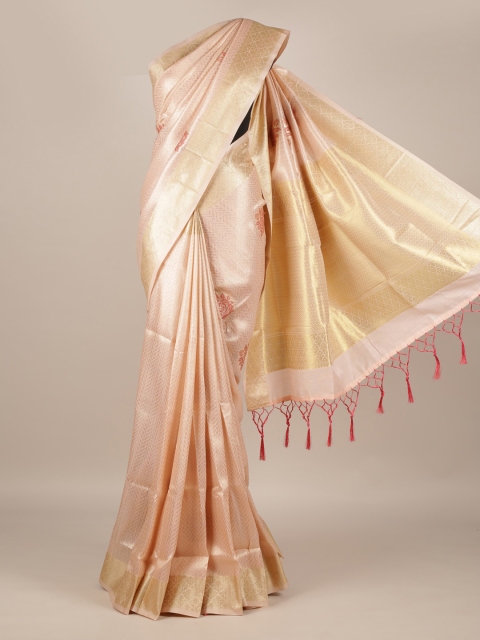 

Pothys Peach-Coloured & Gold-Toned Jute Silk Woven Design Saree