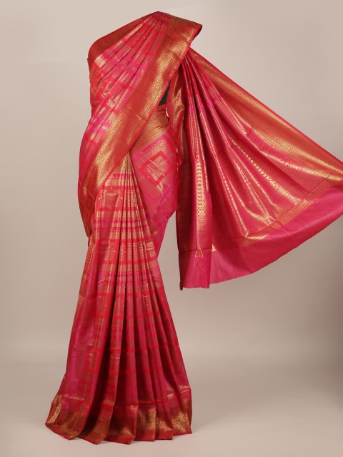 

Pothys Magenta & Gold-Toned Jute Silk Printed Saree