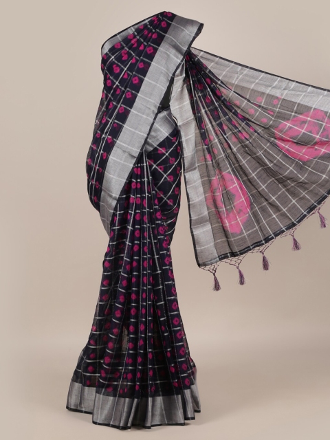 

Pothys Navy Blue & Silver-Toned Linen Blend Checked Saree