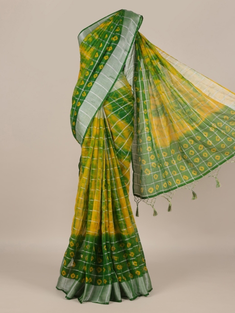 

Pothys Yellow & Green Linen Blend Checked Bandhani Saree