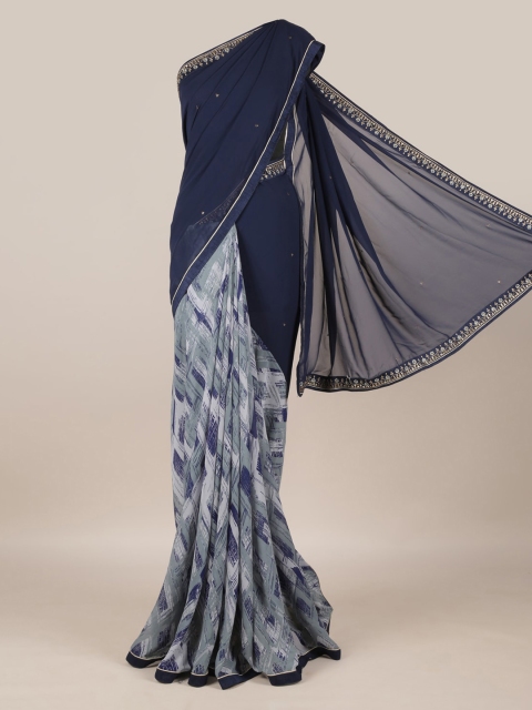 

Pothys Navy Blue & Grey Poly Georgette Colourblocked Saree