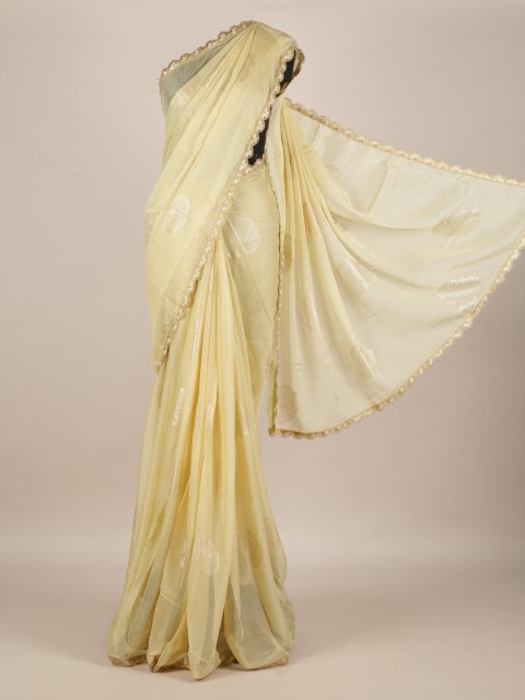 

Pothys Cream-Coloured & Gold-Toned Poly Georgette Printed Saree