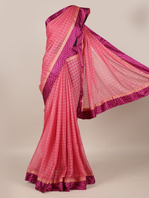 

Pothys Pink & Gold-Toned Poly Georgette Checked Saree