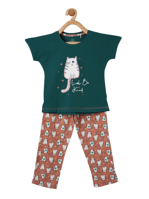 

Sweet Dreams Girls Green & Brown Printed Night suit