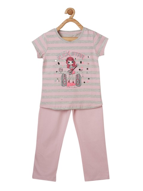 

Sweet Dreams Girls Pink & Grey Printed Night suit
