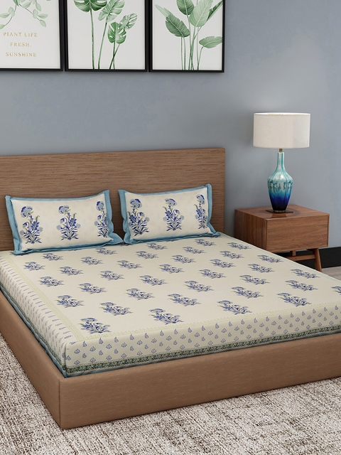 

Gulaab Jaipur Off-White & Blue Handblock Print 600 TC 1 King Bedsheet with 2 Pillow Covers