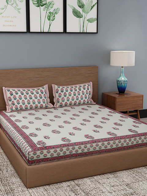 

Gulaab Jaipur White & Pink Handblock Print 600 TC 1 King Bedsheet with 2 Pillow Covers