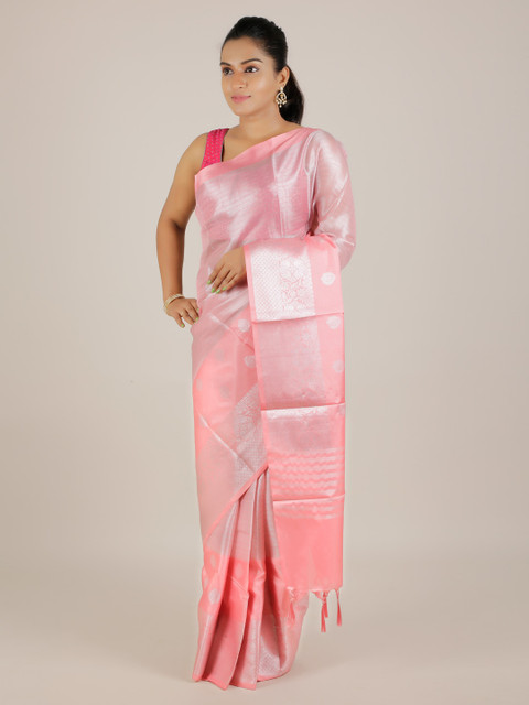 

Pothys Pink & Silver-Toned Tissue Woven Design Saree