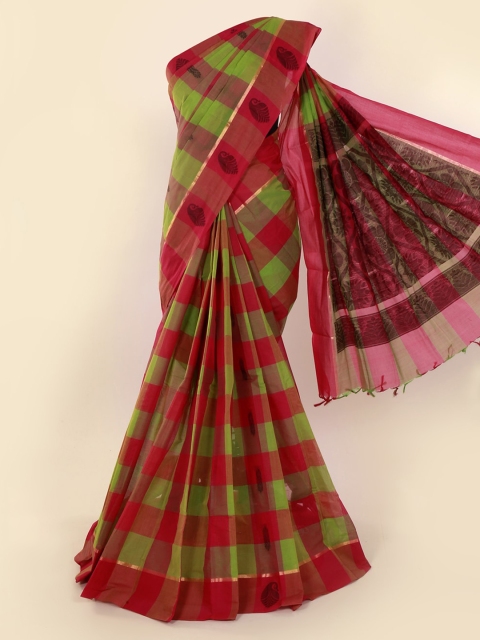 

Pothys Green & Red Pure Cotton Checked Saree