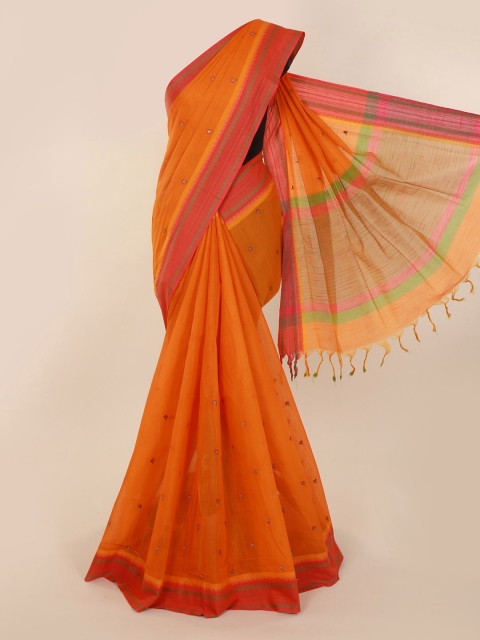 

Pothys Orange Embroidered Pure Cotton Saree with Jhalar Pallu
