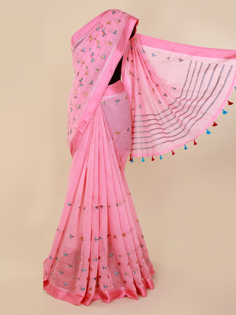 

Pothys Pink Embroidered Pure Cotton Saree with Jhalar Pallu