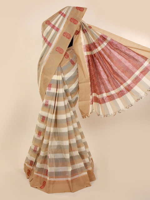 

Pothys Cream-Coloured & Grey Pure Cotton Striped Saree with Jhalar Pallu