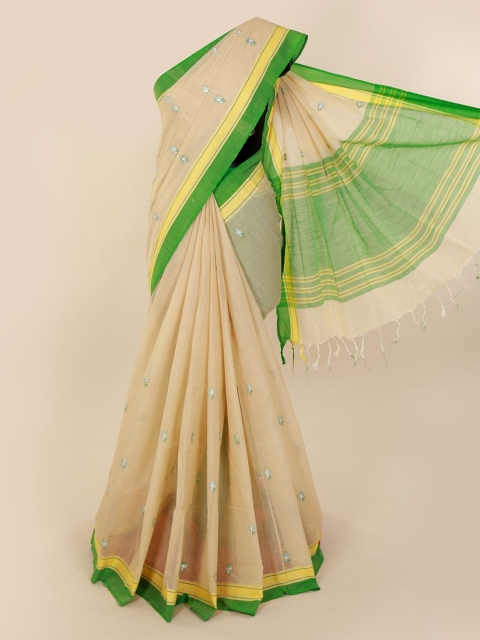 

Pothys Cream-Coloured & Green Pure Cotton Woven Design Saree