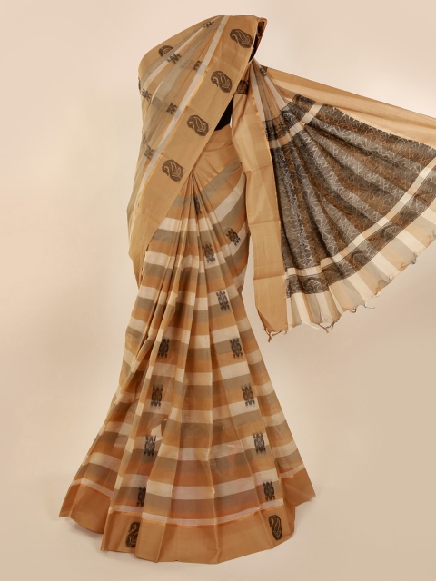 

Pothys Cream-Coloured & Brown Pure Cotton Striped Saree