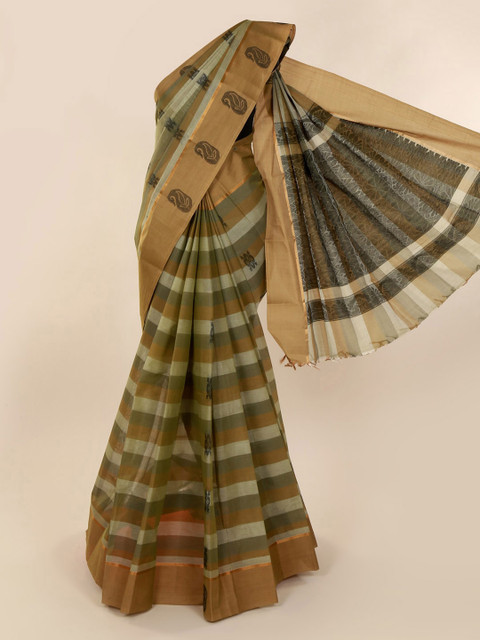 

Pothys Brown & Green Pure Cotton Striped Saree