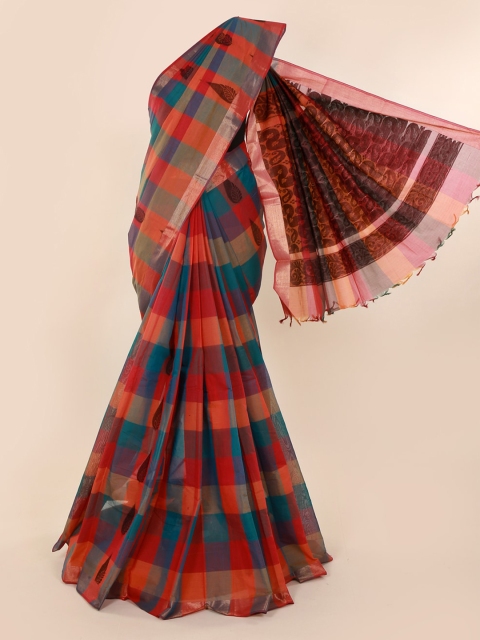 

Pothys Orange & Green Pure Cotton Checked Saree