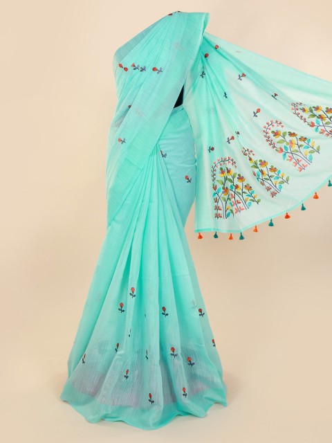 

Pothys Turquoise Blue Embroidered Pure Cotton Saree with Jhalar Pallu