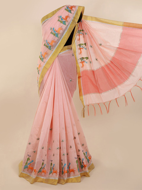 

Pothys Peach-Coloured Embroidered Pure Cotton Saree