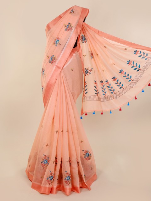 

Pothys Peach-Coloured Embroidered Pure Cotton Saree