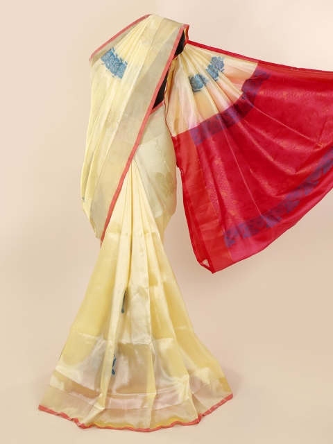 

Pothys Cream-Coloured & Red Pure Silk Woven Design Kanjeevaram Saree