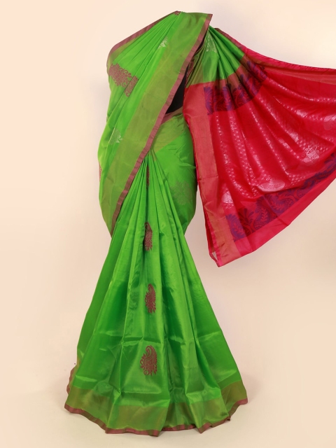

Pothys Green & Pink Pure Silk Woven Design Kanjeevaram Saree with Contrast Pallu