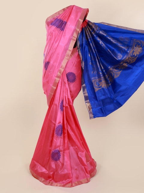 

Pothys Pink & Blue Pure Silk Woven Design Kanjeevaram Saree with Contrast Pallu