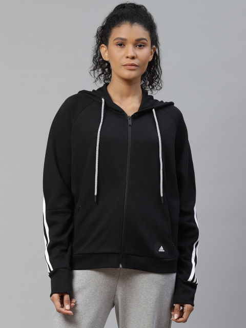 

ADIDAS Women Black 3S Full-Zip Hooded Solid Sporty Jacket
