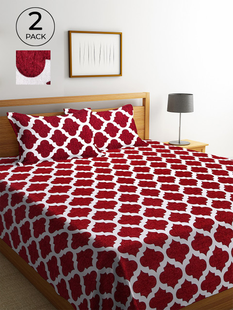 

KLOTTHE Set Of 2 Maroon & White Woven Design Double King Bed Covers With 4 Pillow Covers