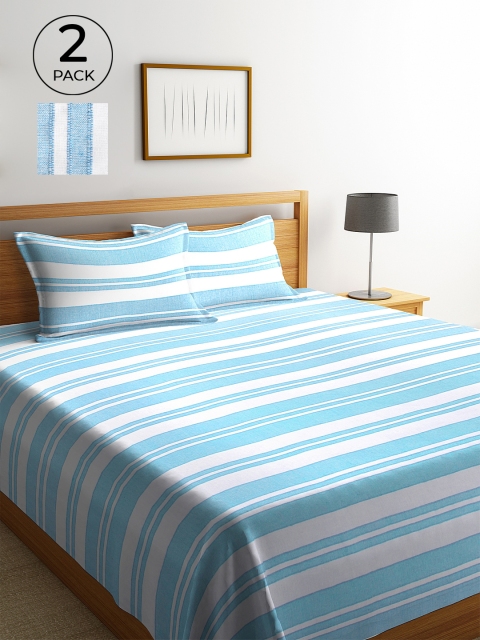 

KLOTTHE Set Of 2 Blue & White Striped Double King Bed Covers With 4 Pillow Covers