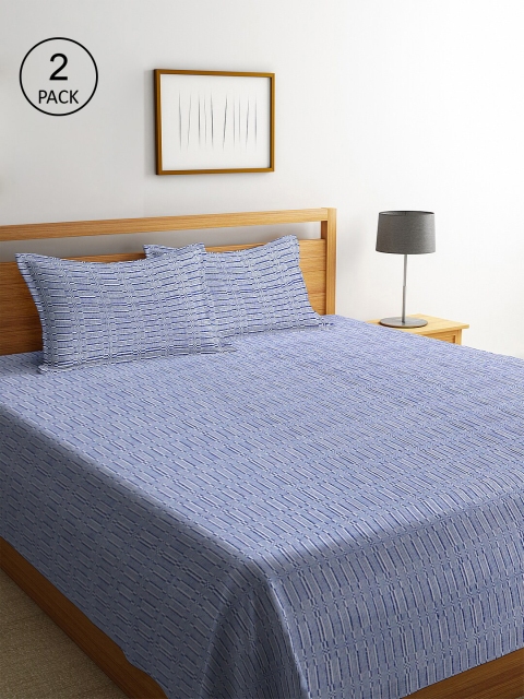 

KLOTTHE Set of 2 Blue & White Woven Design Double Bed Covers with 2 Pillow Covers