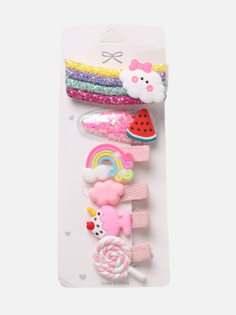 

Yellow Bee Girls Set Of 6 Pink & White Embellished Alligator Hair Clips