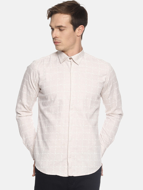 

COUPER & COLL Men Cream-Coloured Slim Fit Checked Cotton Casual Shirt