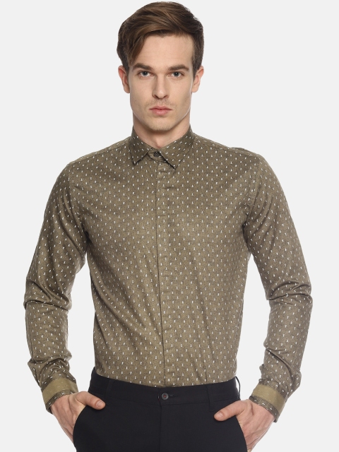 

COUPER & COLL Men Olive Green Slim Fit Printed Cotton Casual Shirt