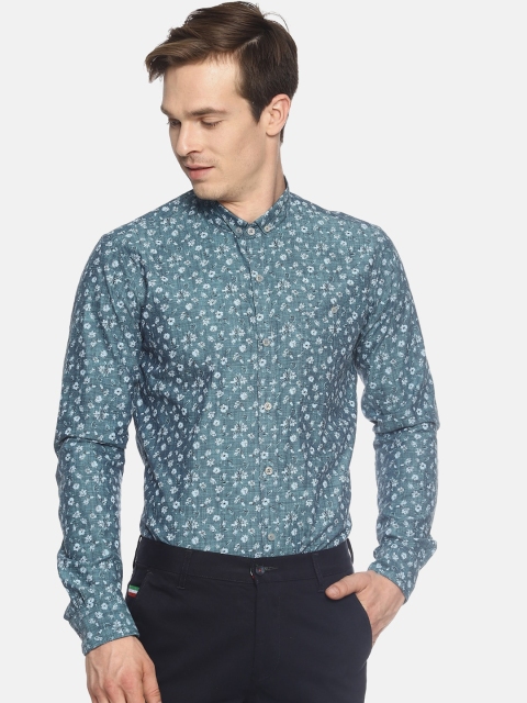 

COUPER & COLL Men Teal Green Slim Fit Printed Cotton Casual Shirt