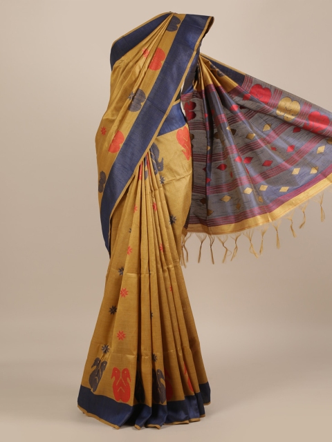 

Pothys Mustard & Blue Jute Silk Woven Design Saree