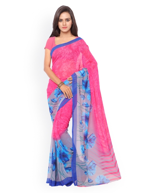 

Ligalz Pink & Blue Georgette & Chiffon Floral Print Saree