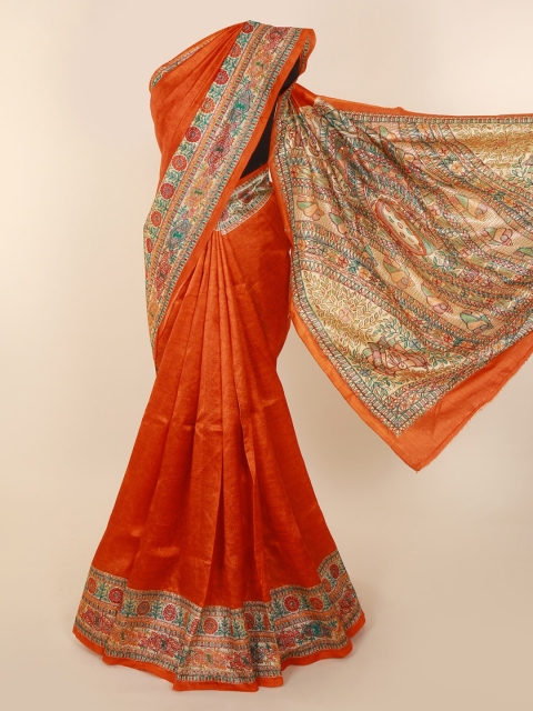 

Pothys Orange Printed Jute Silk Saree